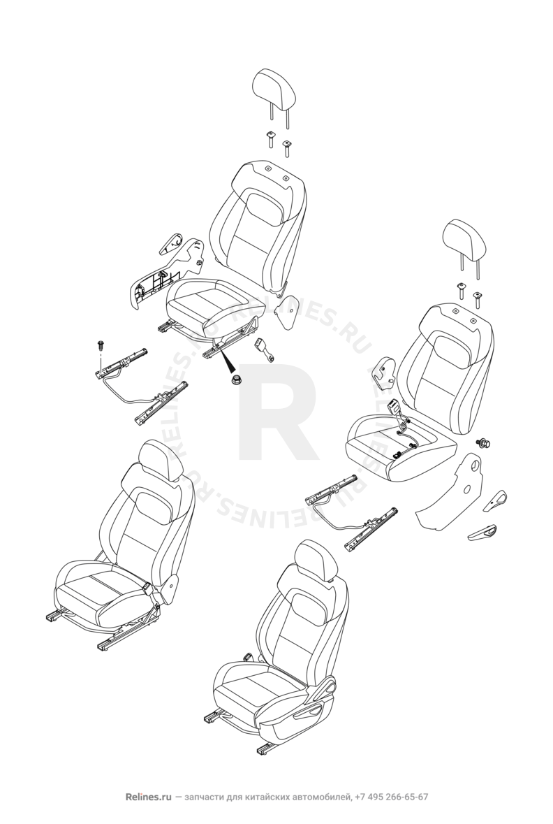 Запчасти Chery Tiggo 4 Поколение I — рестайлинг (2018)  — Составляющие передних сидений и механизмы регулировки — схема
