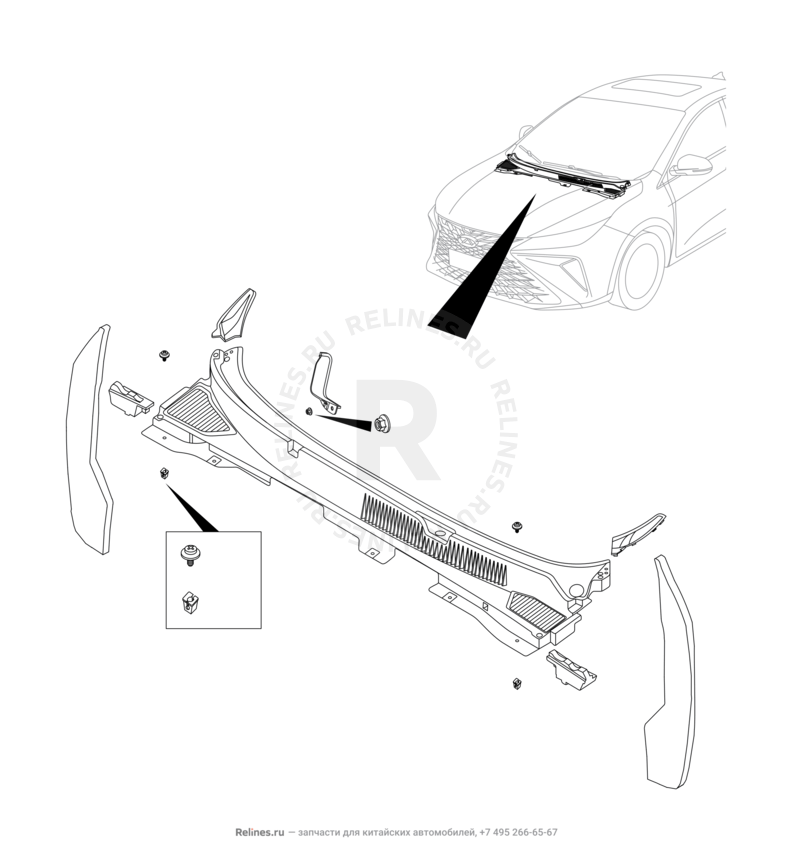 Запчасти Omoda S5 GT Поколение I (2022)  — Панель лобового стекла (жабо) — схема