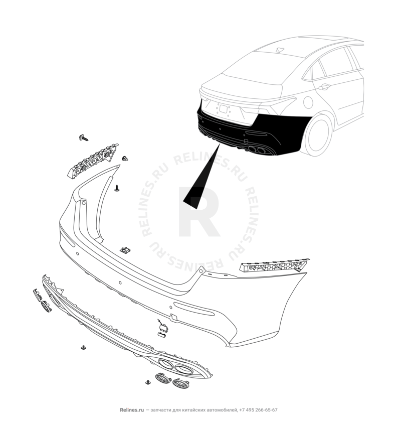 Запчасти Omoda S5 GT Поколение I (2022)  — Задний бампер и другие детали задка — схема