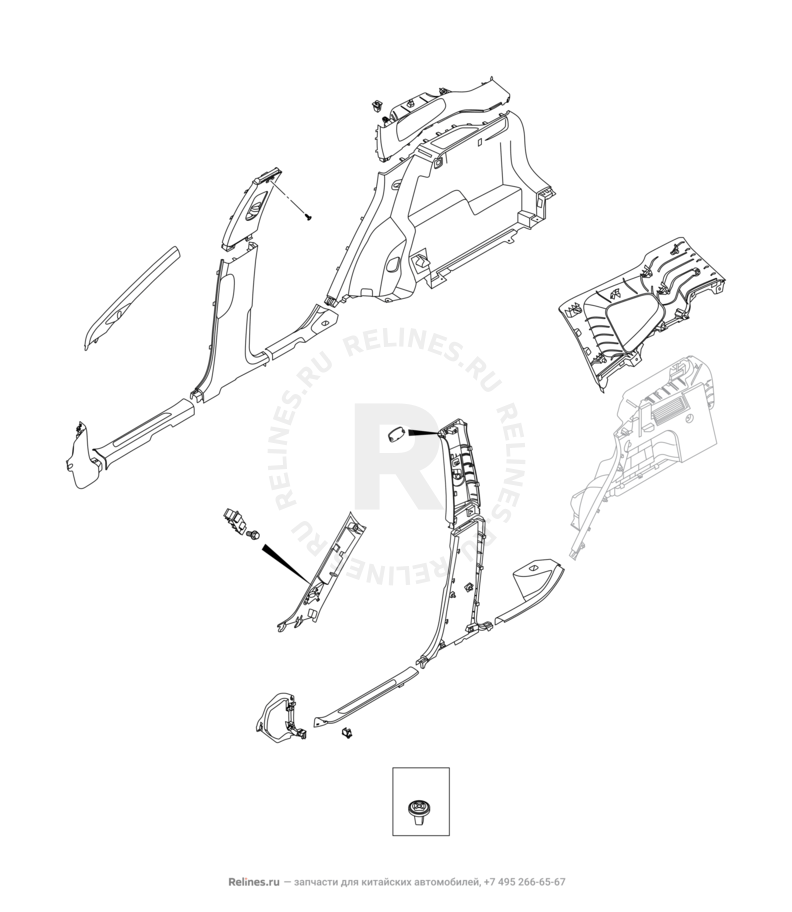 Запчасти Chery Tiggo 7 Pro Max Поколение I (2022)  — Обшивка стоек, накладки порогов и багажника (3) — схема