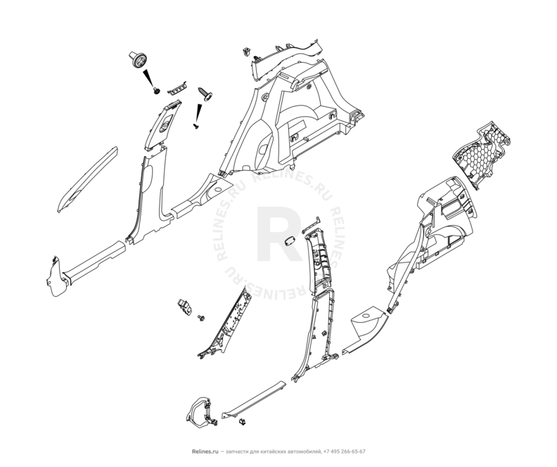 Запчасти Chery Tiggo 4 Pro Поколение I (2021)  — Обшивка стоек, накладки порогов и багажника — схема