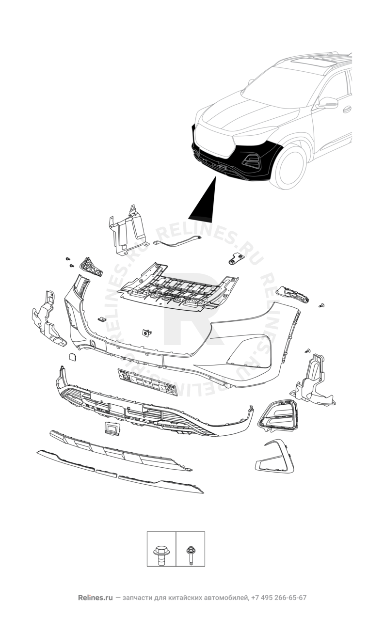 Запчасти Chery Tiggo 4 Pro Поколение I (2021)  — Передний бампер и другие детали фронтальной части (1) — схема