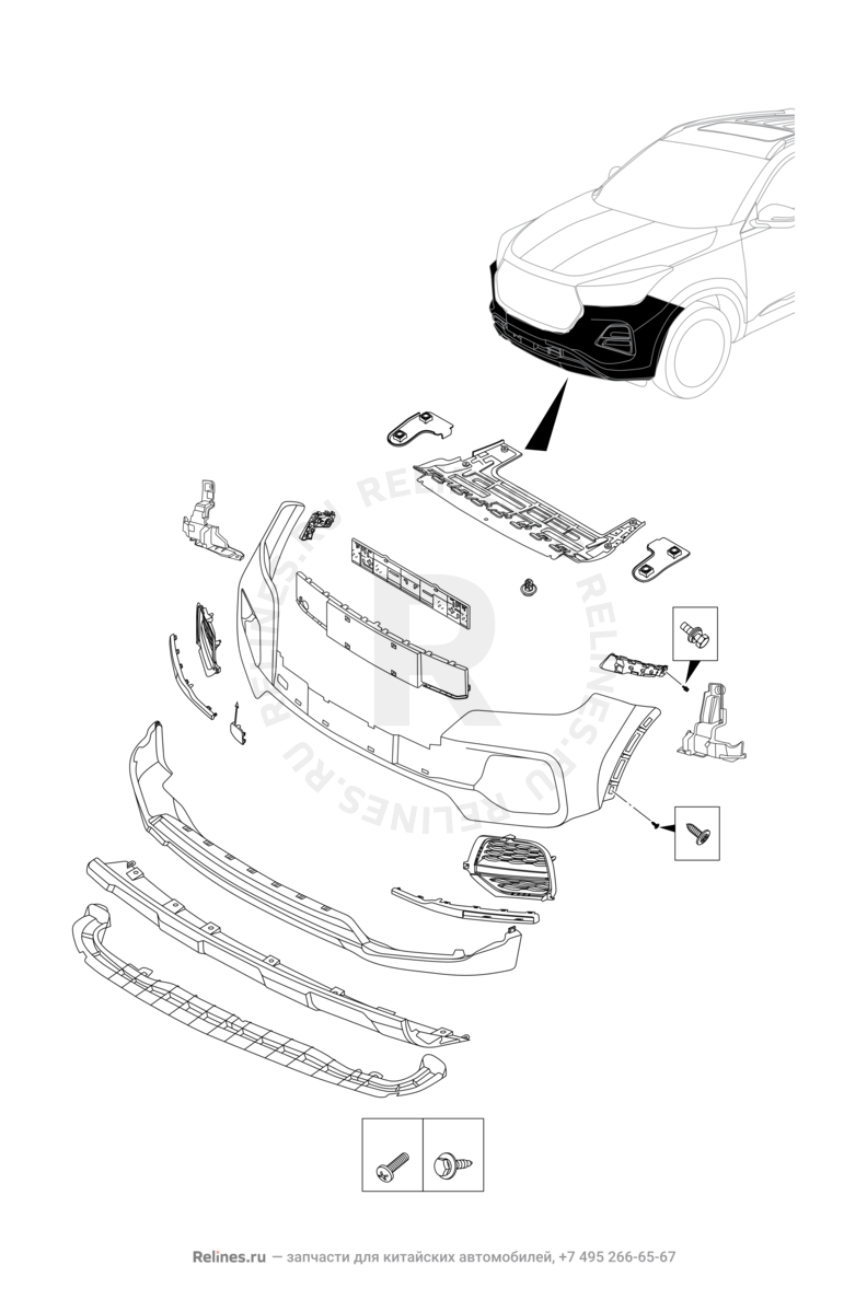 Запчасти Chery Tiggo 4 Поколение I — рестайлинг (2018)  — Передний бампер и другие детали фронтальной части (2) — схема