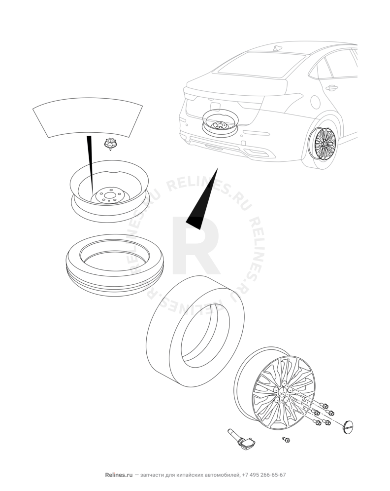 Запчасти Omoda S5 Поколение I (2021)  — Крепление запасного колеса, колпаки и гайки колесные (1) — схема