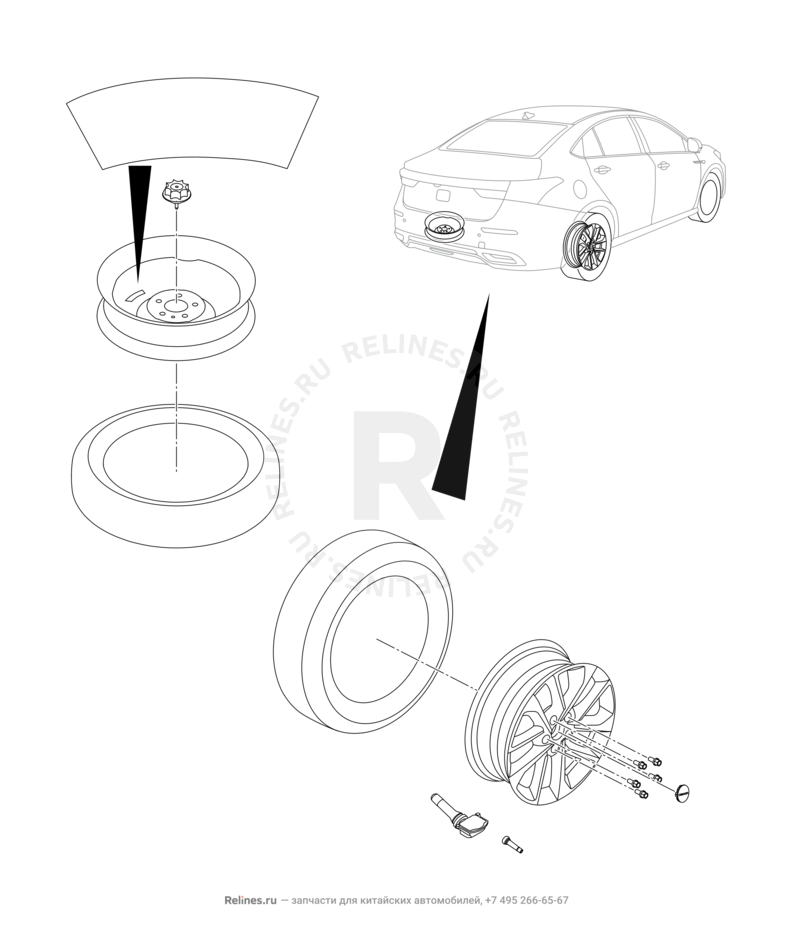 Запчасти Omoda S5 Поколение I (2021)  — Крепление запасного колеса, колпаки и гайки колесные (2) — схема