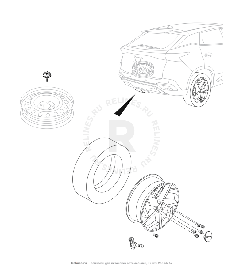 Крепление запасного колеса, колпаки и гайки колесные (3) Omoda C5 — схема