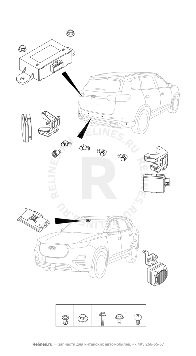 Запчасти Chery Tiggo 8 Pro Max Поколение I (2022)  — Датчики парковки (парктроники) (10) — схема