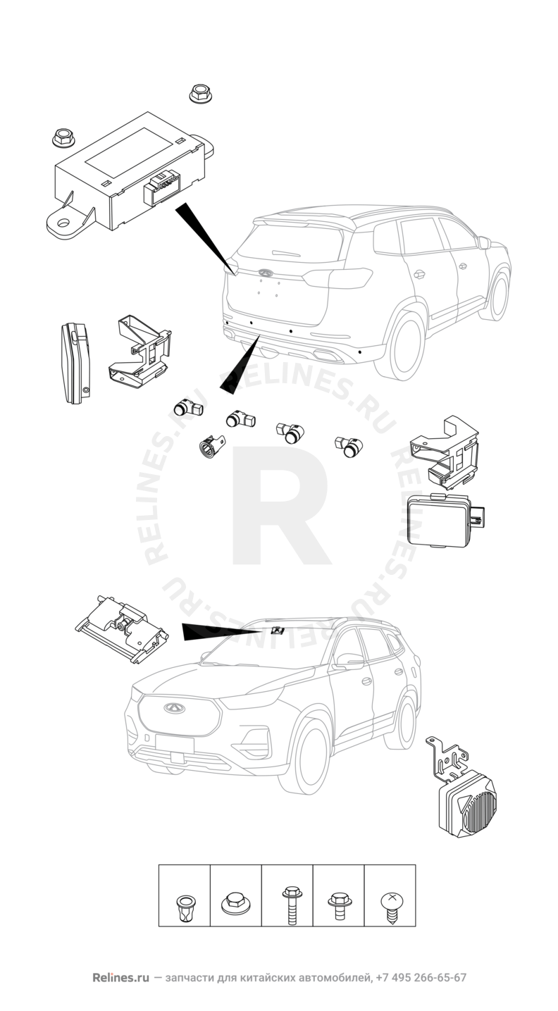 Запчасти Chery Tiggo 8 Pro Max Поколение I (2022)  — Датчики парковки (парктроники) (12) — схема