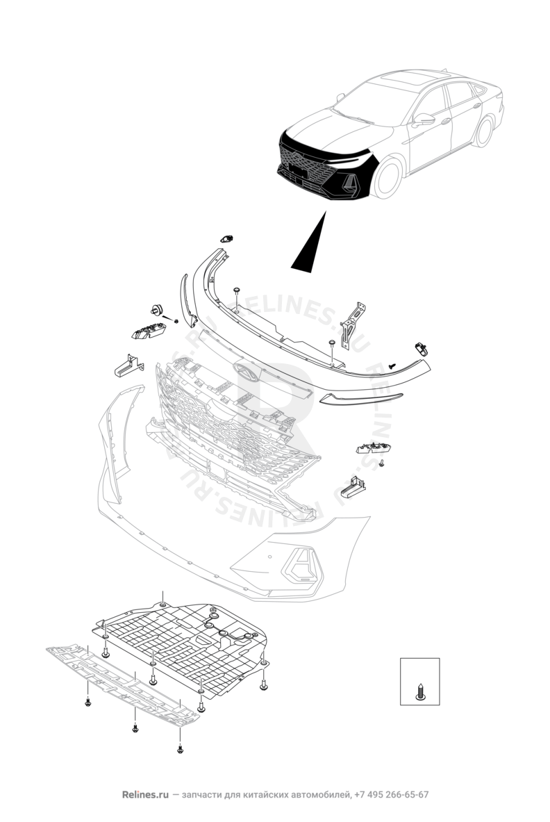 Запчасти Chery Arrizo 8 Поколение I (2022)  — Передний бампер и другие детали фронтальной части — схема