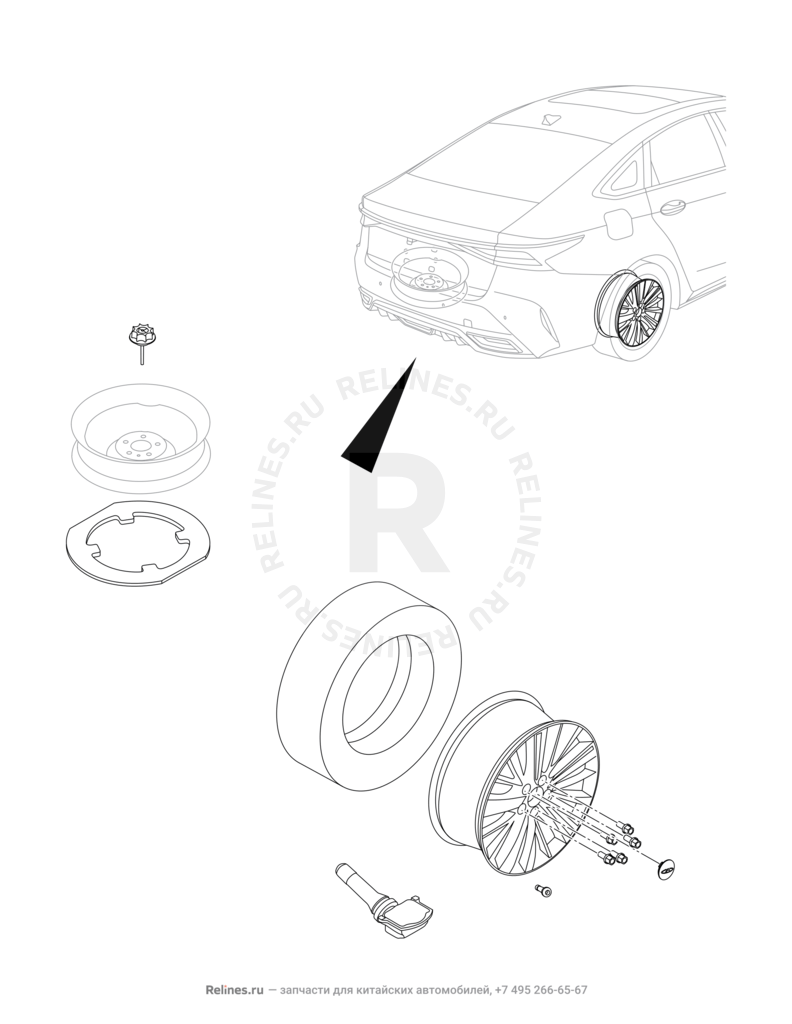 Запчасти Chery Arrizo 8 Поколение I (2022)  — Крепление запасного колеса, колпаки и гайки колесные — схема
