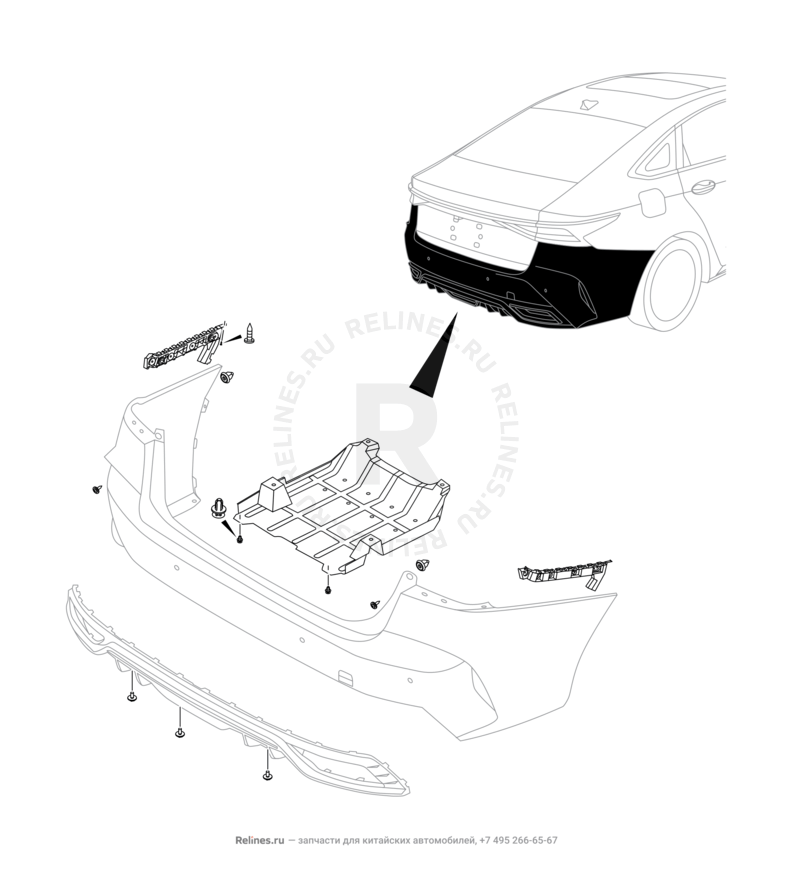 Запчасти Chery Arrizo 8 Поколение I (2022)  — Задний бампер и другие детали задка — схема