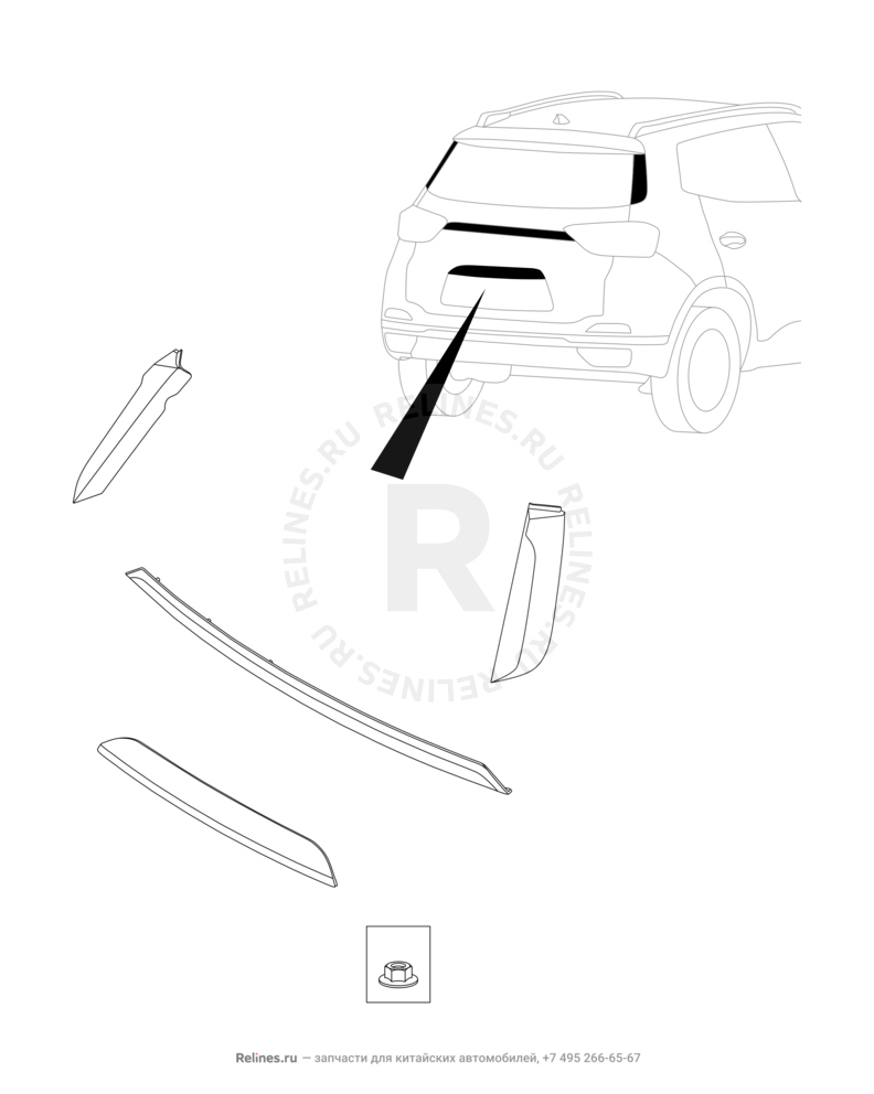 Запчасти Chery Tiggo 4 Pro Поколение I (2021)  — Накладки стоек багажника (3) — схема