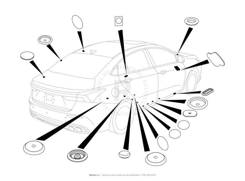 Запчасти Omoda S5 GT Поколение I (2022)  — Заглушки, прокладки, накладки — схема