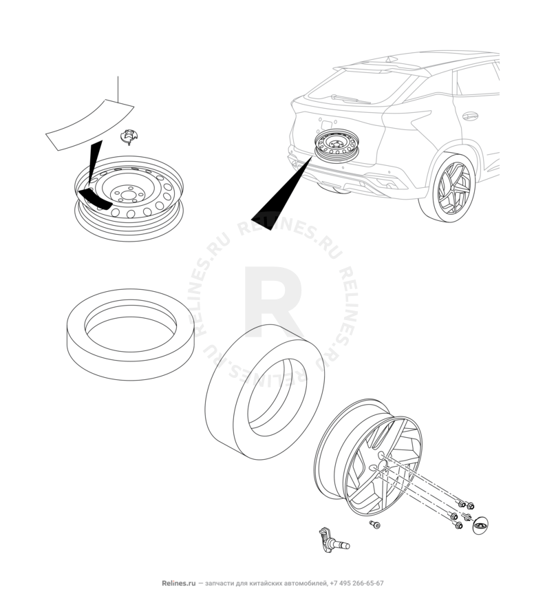 Крепление запасного колеса, колпаки и гайки колесные (1) Omoda C5 — схема