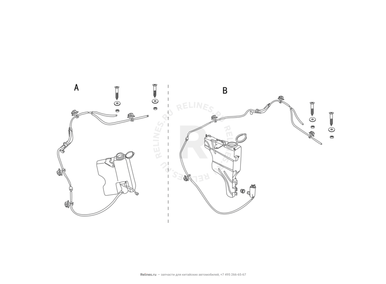 Запчасти Great Wall Deer Поколение I (2005)  — Стеклоомыватели и их составляющие (насос, бачок, форсунка, трубки и прокладки) (1) — схема