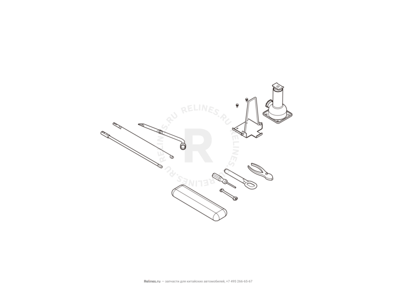 Запчасти Haval H5 Поколение I (2020) 2.0л, МКПП — Набор автомобилиста (домкрат, знак аварийной остановки, крюк буксировочный, балонный ключ) — схема