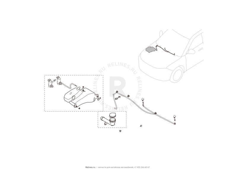 Стеклоомыватели и их составляющие (насос, бачок, форсунка, трубки и прокладки) Haval H5 — схема