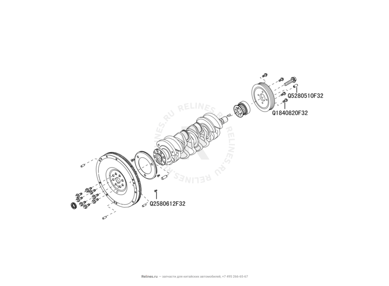 Запчасти Great Wall Hover H5 Поколение I (2010) 2.0л, дизель, 4x4, АКПП — Коленчатый вал, шкив и маховик — схема