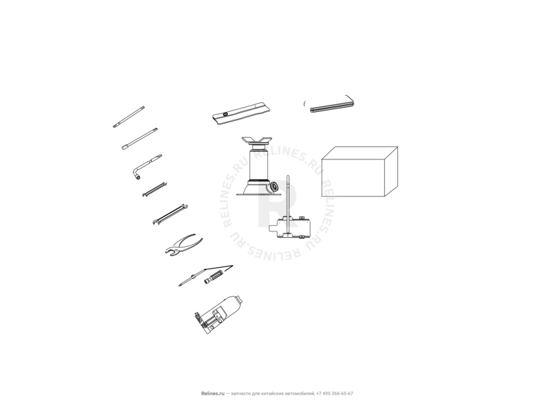 Запчасти Great Wall Hover H3 Поколение I (2010) 2.4л, 4×4 — Набор автомобилиста (домкрат, знак аварийной остановки, крюк буксировочный, балонный ключ) — схема