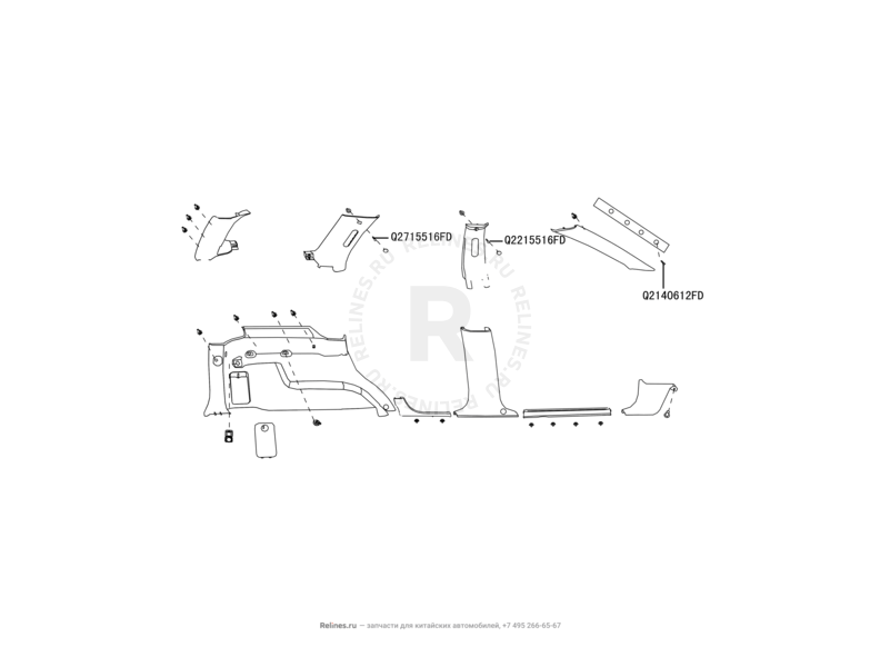 Запчасти Great Wall Hover H3 Поколение I (2010) 2.4л, 4×4 — Обшивка стоек и накладки порогов (1) — схема