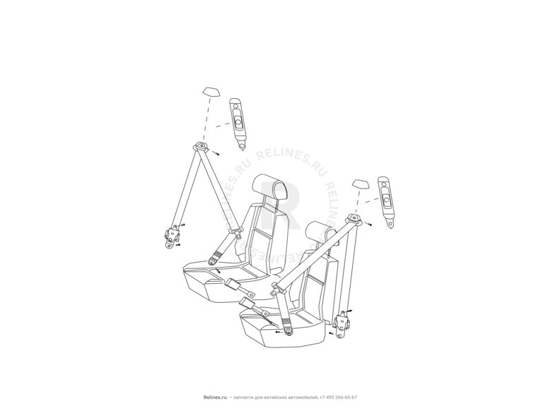 Запчасти Great Wall Hover H3 Поколение I (2010) 2.4л, 4×4 — Ремни безопасности и их крепежи для передних сидений (1) — схема
