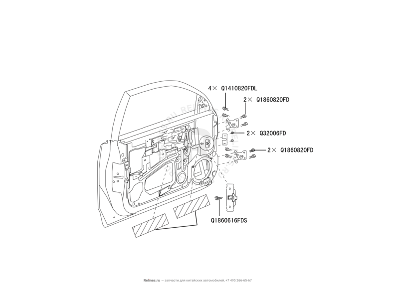 Запчасти Great Wall Hover H3 Поколение I (2010) 2.0л, 4×4 — Двери передние и их комплектующие (уплотнители, молдинги, петли, стекла и зеркала) (1) — схема