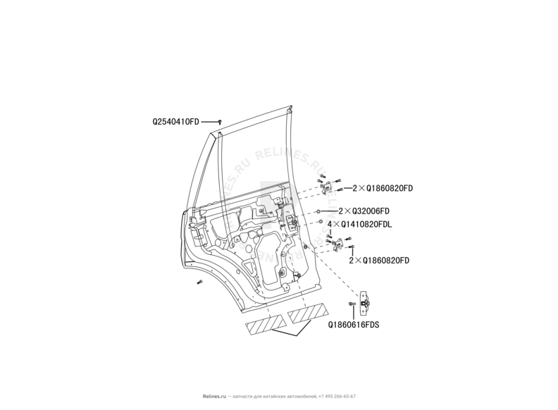 Запчасти Great Wall Hover H3 Поколение I (2010) 2.4л, 4×4 — Двери задние и их комплектующие (уплотнители, молдинги, петли, стекла и зеркала) (1) — схема