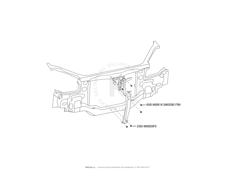 Рамка, кронштейны радиатора, замок капота и его составляющие Great Wall Hover H3 — схема