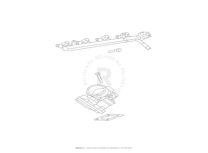 Запчасти Great Wall Hover H3 Поколение I — рестайлинг (2014) 2.0л, турбо, 4×4 — Рампа топливная с форсунками и дроссель с датчиками в сборе — схема