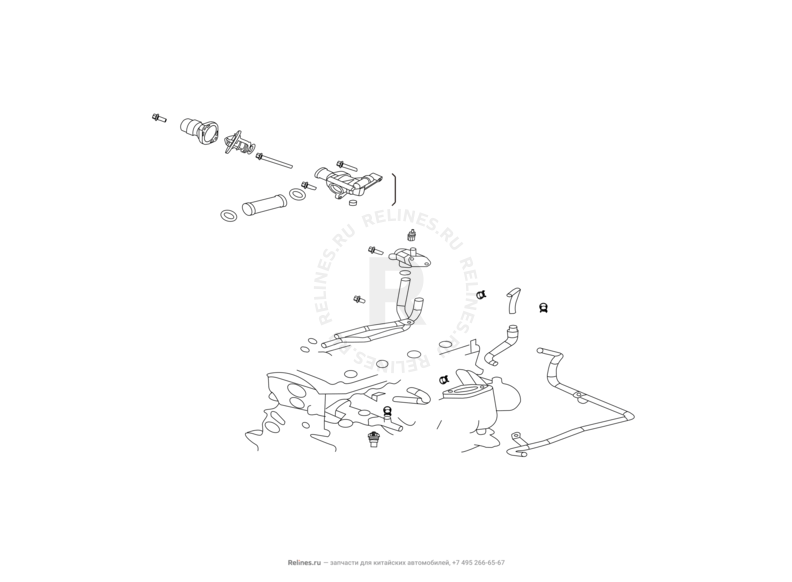 Запчасти Great Wall Hover H3 Поколение I — рестайлинг (2014) 2.0л, турбо, 4×4 — Термостат, патрубки системы охлаждения и датчик температуры охлаждающей жидкости — схема