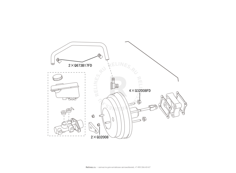 Запчасти Great Wall Hover H3 Поколение I — рестайлинг (2014) 2.0л, турбо, 4×4 — Вакуумный усилитель и главный тормозной цилиндр — схема