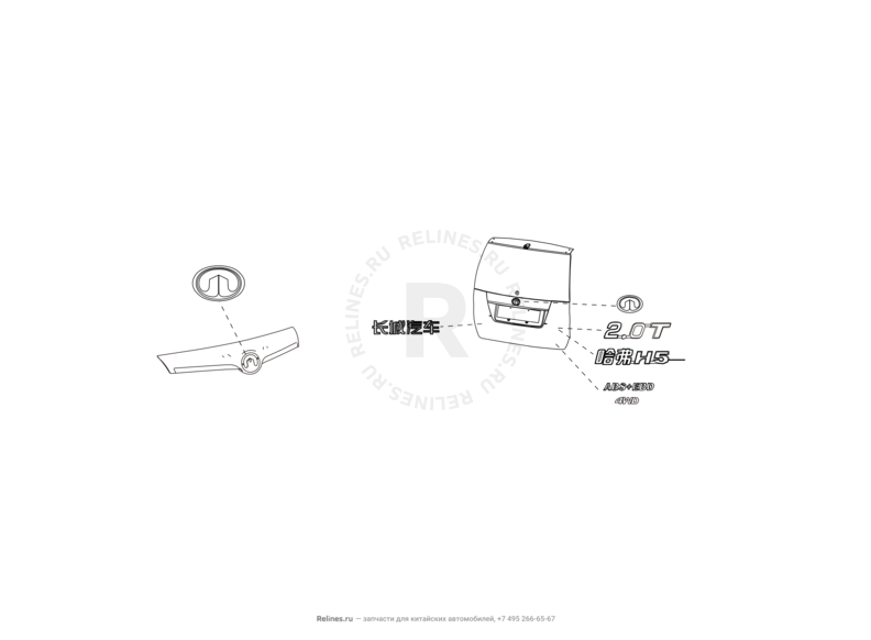 Запчасти Great Wall Hover H3 Поколение I — рестайлинг (2014) 2.0л, турбо, 4×4 — Эмблемы, молдинги и надписи на крыло (1) — схема