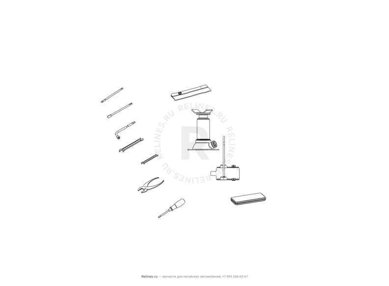 Запчасти Great Wall Hover H3 Поколение I — рестайлинг (2014) 2.0л, турбо, 4×4 — Набор автомобилиста (домкрат, знак аварийной остановки, крюк буксировочный, балонный ключ) — схема