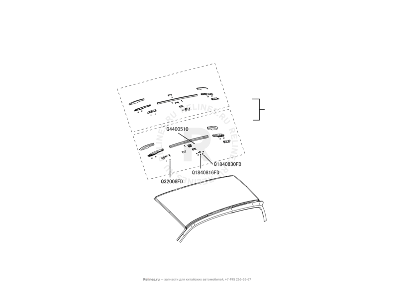 Запчасти Great Wall Hover H3 Поколение I — рестайлинг (2014) 2.0л, турбо, 4×4 — Молдинги и рейлинги крыши — схема