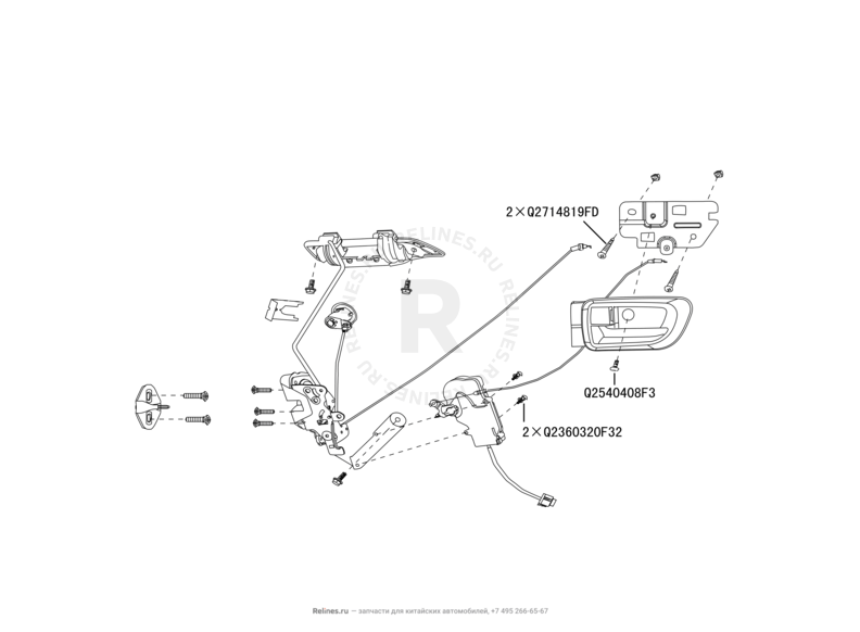 Запчасти Great Wall Hover H3 Поколение I — рестайлинг (2014) 2.0л, турбо, 4×4 — Ручки и замки дверей (1) — схема