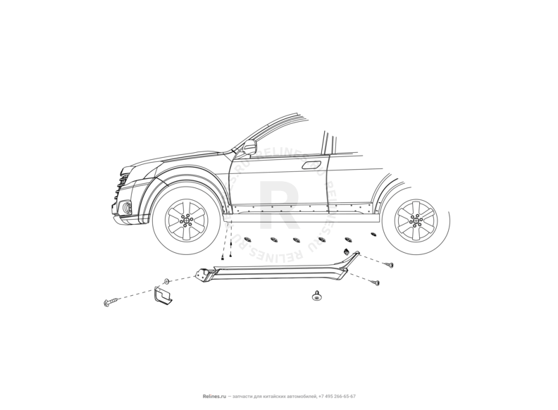 Запчасти Great Wall Hover H3 Поколение I — рестайлинг (2014) 2.0л, турбо, 4×4 — Брызговики, пистоны, заглушки, скобы — схема