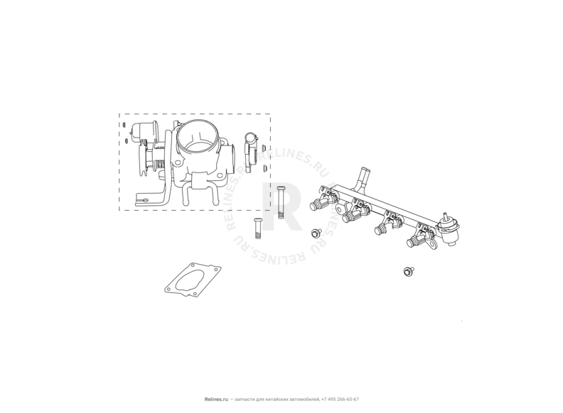 Запчасти Great Wall Hover H3 Поколение I (2010) 2.4л, 4×4 — Рампа топливная с форсунками и дроссель с датчиками в сборе — схема