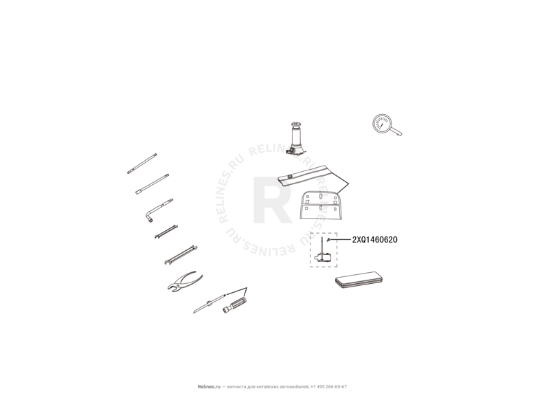 Набор автомобилиста (домкрат, знак аварийной остановки, крюк буксировочный, балонный ключ) Great Wall Hover H5 — схема