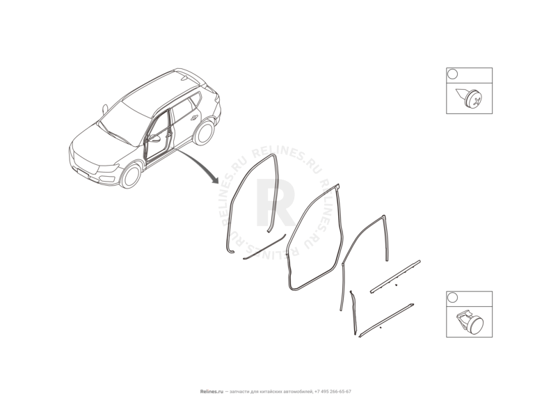 Запчасти Haval H9 Поколение I (2014) Бензин — Уплотнители и молдинги передних дверей — схема