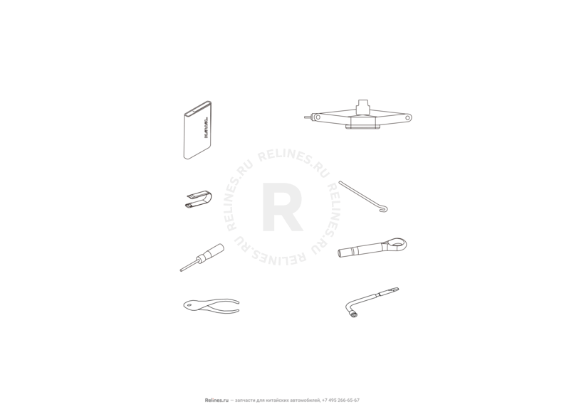 Запчасти Haval H8 Поколение I (2013) 4x4 — Набор автомобилиста (домкрат, знак аварийной остановки, крюк буксировочный, балонный ключ) (1) — схема