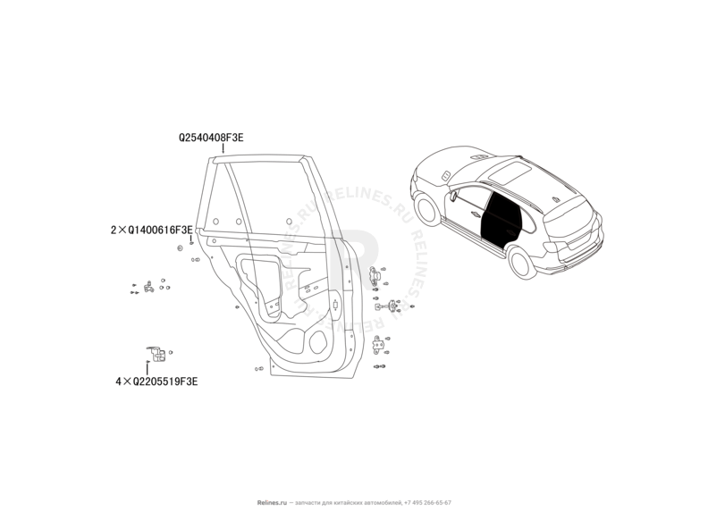 Запчасти Haval H8 Поколение I (2013) 4x4 — Двери задние и их комплектующие (уплотнители, молдинги, петли, стекла и зеркала) — схема