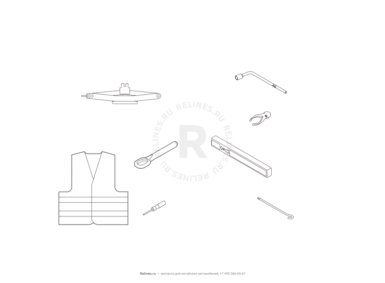 Запчасти Haval H6 Coupe Поколение I (2015) 2.0л, 4x4, МКПП — Набор автомобилиста (домкрат, знак аварийной остановки, крюк буксировочный, балонный ключ) (1) — схема