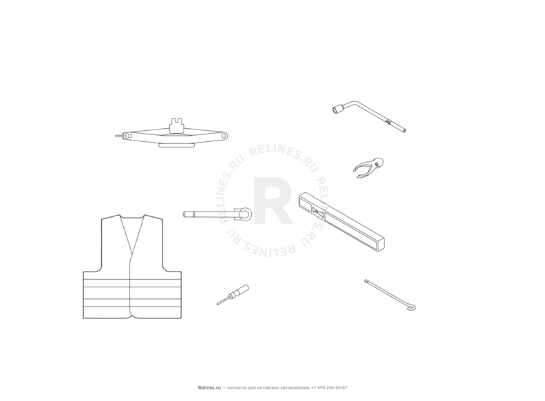 Запчасти Haval H6 Coupe Поколение I (2015) 2.0л, 4x4, МКПП — Набор автомобилиста (домкрат, знак аварийной остановки, крюк буксировочный, балонный ключ) (2) — схема