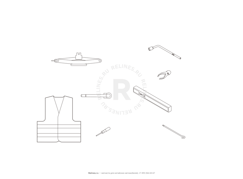Запчасти Haval H6 Coupe Поколение I (2015) 2.0л, 4x2, АКПП — Набор автомобилиста (домкрат, знак аварийной остановки, крюк буксировочный, балонный ключ) (3) — схема