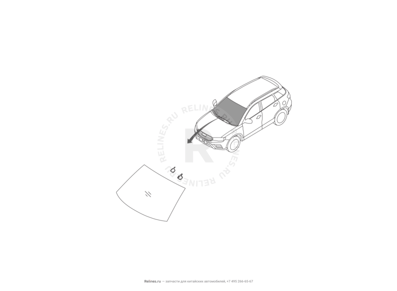 Запчасти Haval H6 Coupe Поколение I (2015) 2.0л, 4x2, АКПП — Стекло лобовое, молдинги, уплотнители, козырьки солнцезащитные и зеркало заднего вида — схема