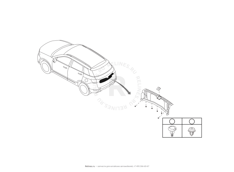 Запчасти Haval H6 Coupe Поколение I (2015) 2.0л, 4x4, МКПП — Шторка и накладка порога багажника (1) — схема