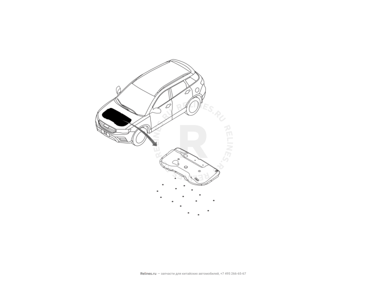 Запчасти Haval H6 Coupe Поколение I (2015) 2.0л, 4x2, МКПП — Шумоизоляция капота, пленка защитная буфера отбоя капота, накладки фар передние — схема