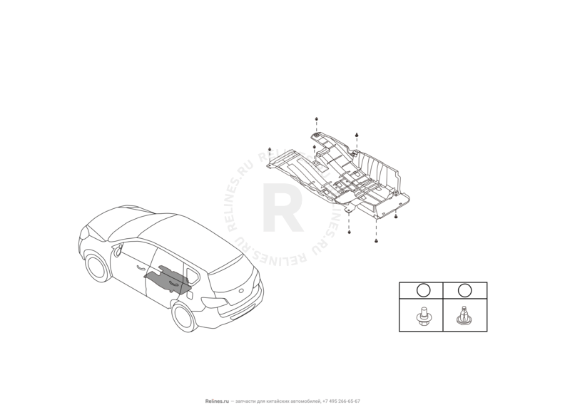 Запчасти Great Wall Hover H6 Поколение I (2011) 1.5л, бензин, 4x4, МКПП — Брызговики, пистоны, заглушки, скобы — схема