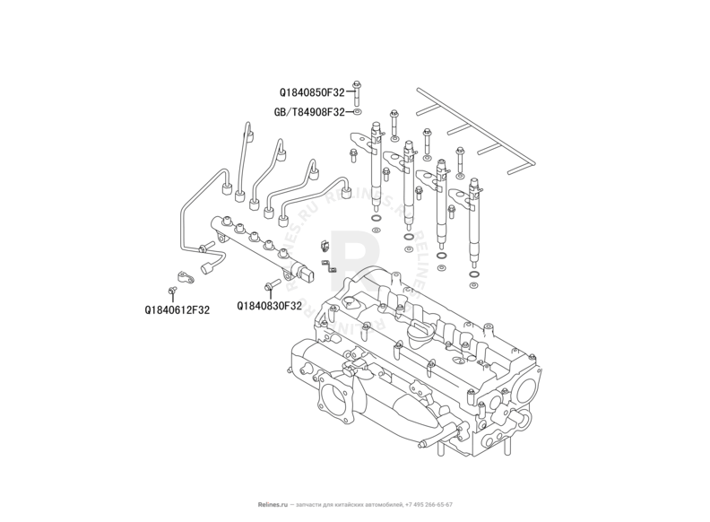 Рампа, форсунка и трубки форсунки топливные Great Wall Hover H6 — схема