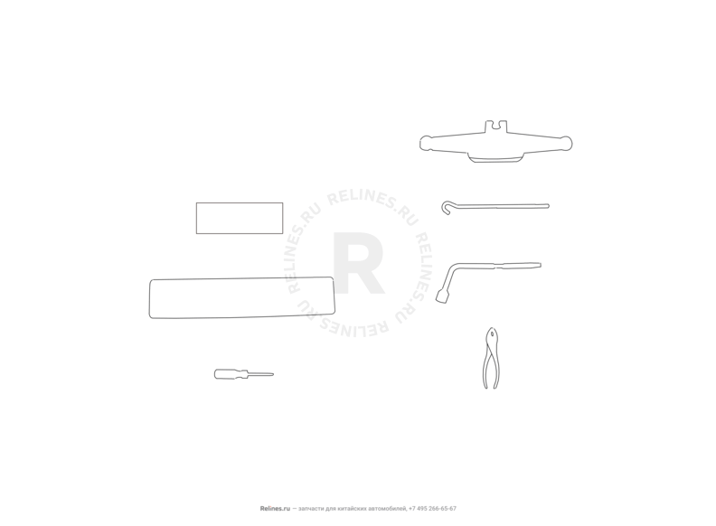 Запчасти Great Wall Hover H6 Поколение I (2011) 2.0л, дизель, 4x2, МКПП — Набор автомобилиста (домкрат, знак аварийной остановки, крюк буксировочный, балонный ключ) (2) — схема